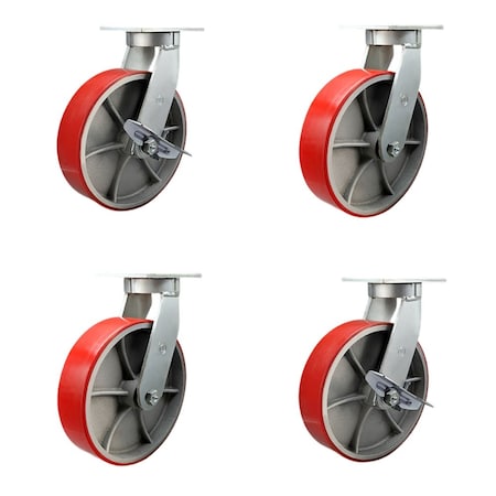 Service Caster 12'' Heavy Duty Red Poly on Cast Iron Caster Set 2 Swivel Lock 2 Brakes, 4PK CRAN-SCC-KP92S1230-PUR-RS-BSL-2-SLB2